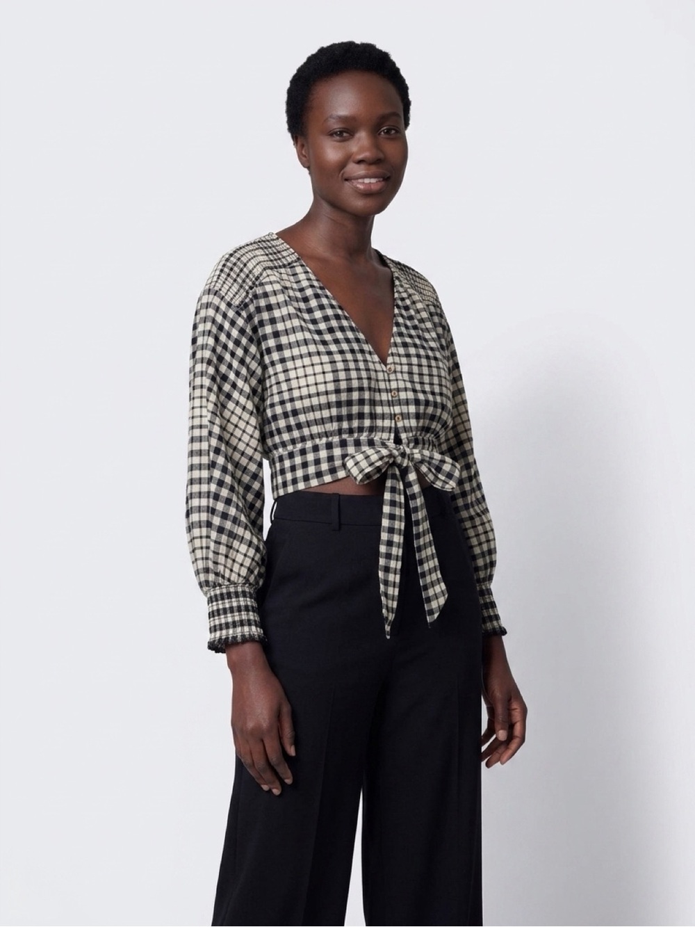 Zara Black & Cream Gingham Tie-Waist Blouse